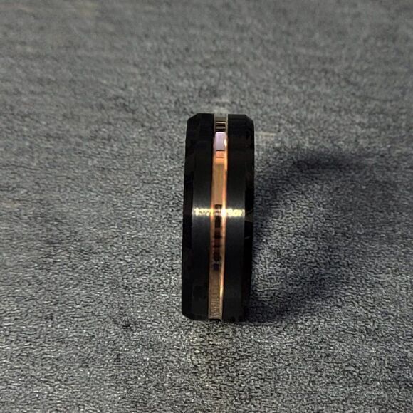 Men's Real Black Tungsten Promise Ring 14K Gold Filled Center Groove Gold Line - Picture 10 of 12